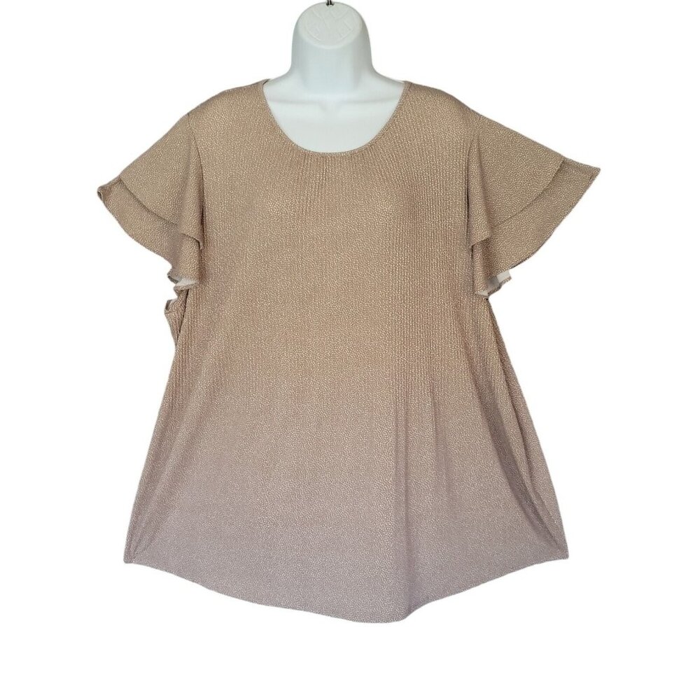Adrianna Papell Blouse Womens 2X Short Sleeve Top Layer Sleeve Stretch Brown Dot
